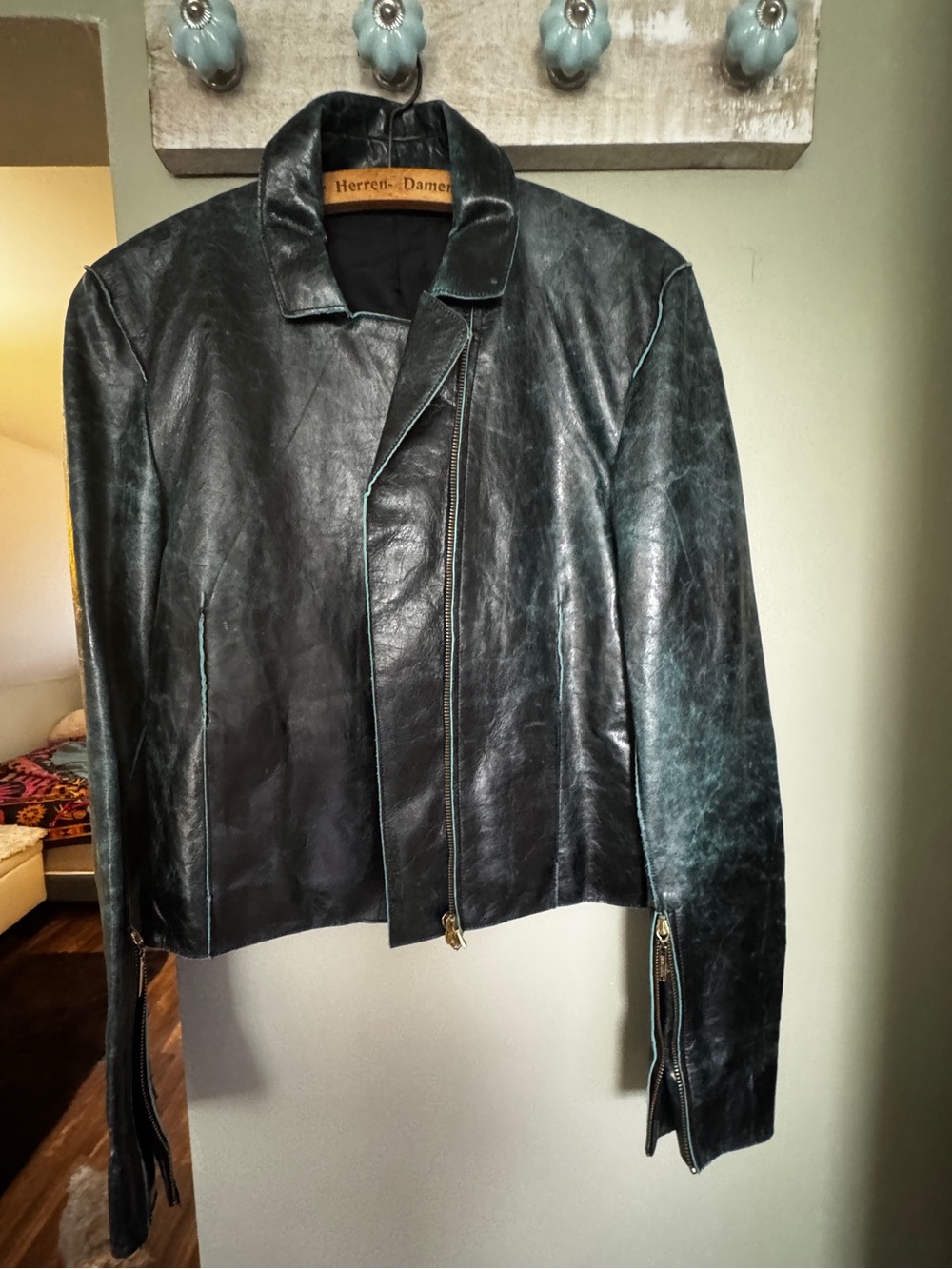 Vintage Roberto Cavalli Distressed Leather Biker Jacket Turquoise Piping Size S